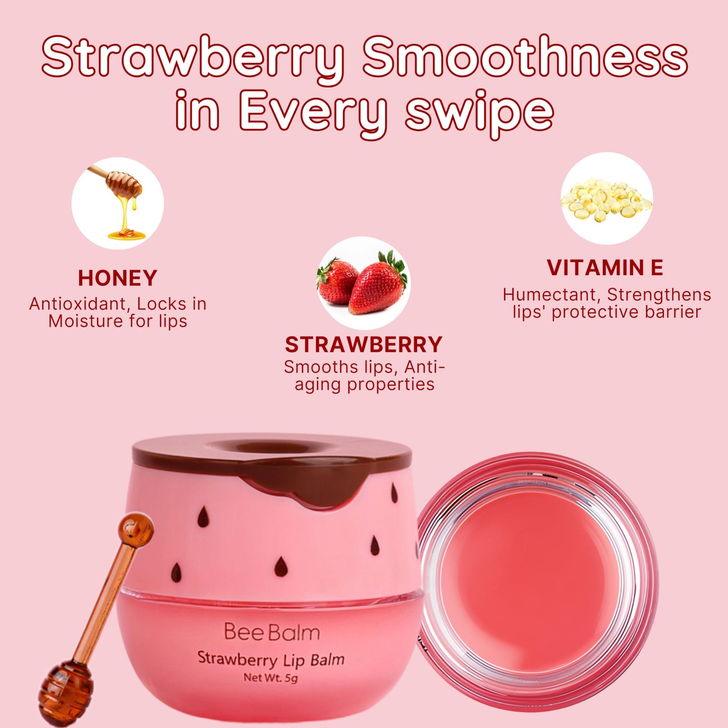 Bee Balm Original Lip Balm – Strawberry Hydrating Balm in Honey Pot (Pack of 2)