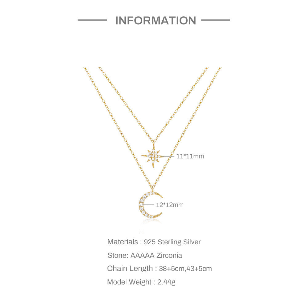 Double Layer Twin Diamond Star and Moon Necklace