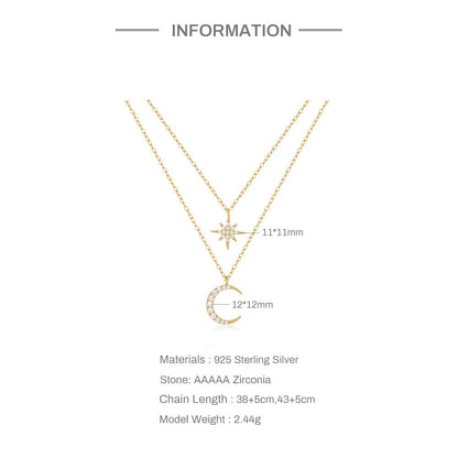 Double Layer Twin Diamond Star and Moon Necklace