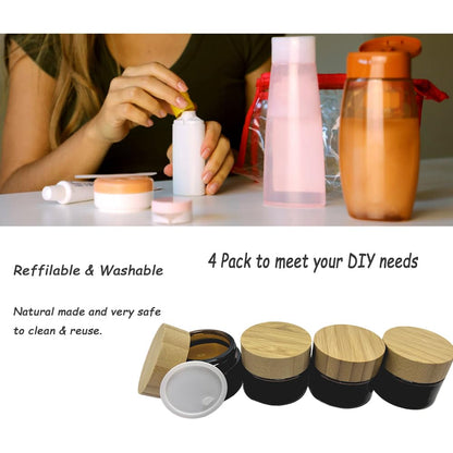 BEECO GIF2U Empty Refillable Frosted Glass Cosmetic Jars – 4 Pack, 30ml with Bamboo Lids