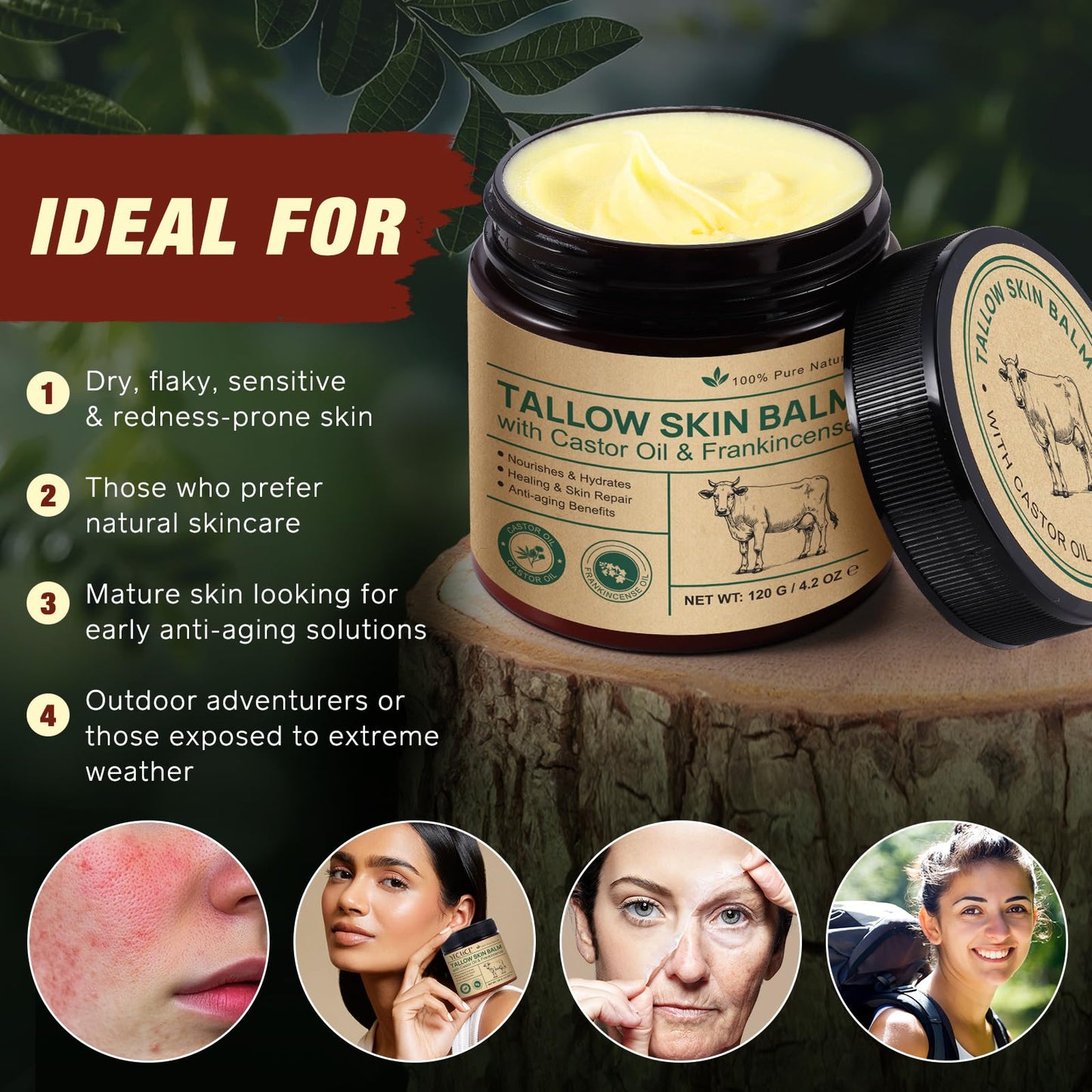 Beef Tallow Balm with Castor Oil and Frankincense – Organic Grass-Fed 120 g | Deep Moisturizing for Face & Body