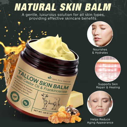 Beef Tallow Balm with Castor Oil and Frankincense – Organic Grass-Fed 120 g | Deep Moisturizing for Face & Body