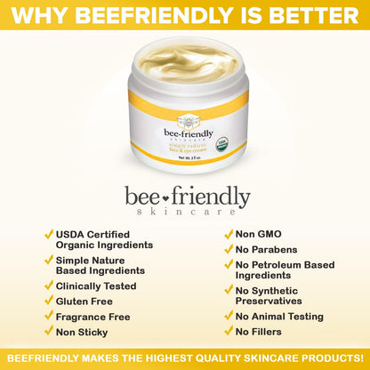 BeeFriendly Organic Face & Eye Cream — USDA Certified Organic Moisturizer, 6 oz (3 Jars in Box)