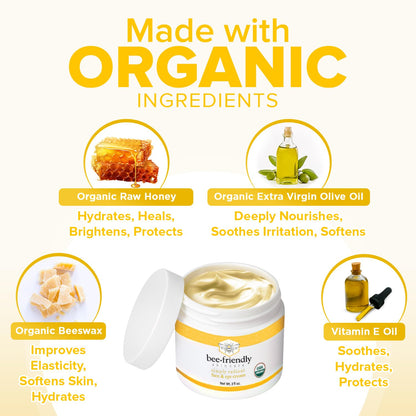 BeeFriendly Organic Face & Eye Cream — USDA Certified Organic Moisturizer, 6 oz (3 Jars in Box)