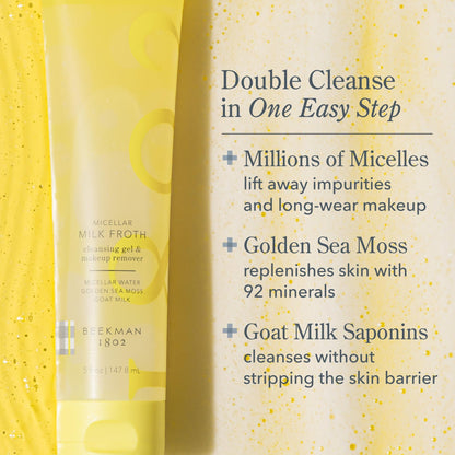 Beekman 1802 Micellar Milk Froth Cleansing Gel | 2-in-1 Makeup Remover for Sensitive Skin