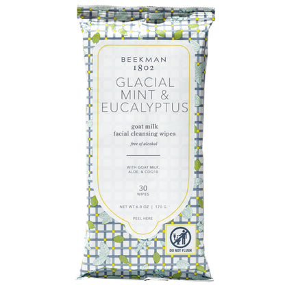 Beekman 1802 Glacial Mint & Eucalyptus Face Wipes – 30 Count | Goat Milk, Aloe Vera & CoQ10