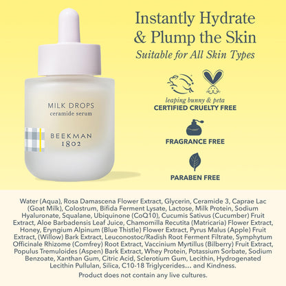 Beekman 1802 Milk Drops Ceramide Serum – Fragrance-Free Goat Milk Hydration with Squalane & HA
