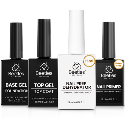 Beetles 4Pcs Gel Nail Prep Set: Base Coat, Top Coat, Dehydrator & Primer (Acid-Free, HEMA-Free) for Gel & Acrylic – Long-Lasting Professional Prep