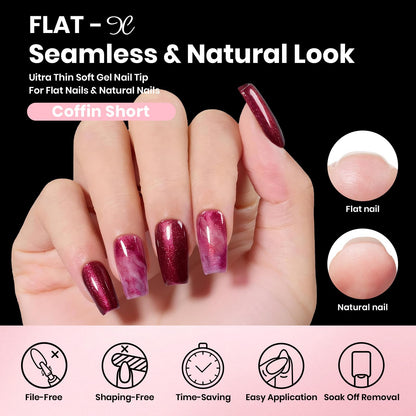 Beetles Gel Nail Kit Flat-X Coffin Short 320pcs | DIY Nail Extensions with Glue Gel, Base & Top Coat, Mini Lamp