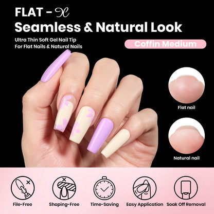 Beetles Gel Nail Kit Flat-X Coffin Medium – 320 Tips, 15g Glue Gel, 7.5ml Base & Top Coat, Mini Lamp