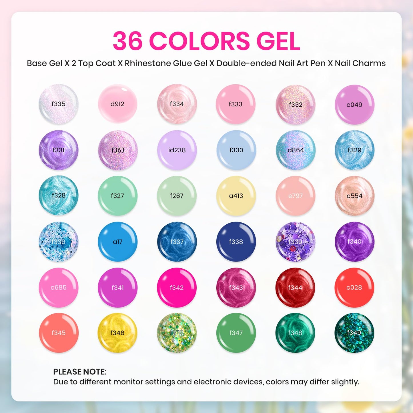 Beetles 36 Colors Gel Nail Polish Set | 42-Piece UV Gel Kit with Base/Top Coats, Glitter & Nail Charms