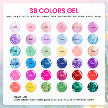 Beetles 36 Colors Gel Nail Polish Set | 42-Piece UV Gel Kit with Base/Top Coats, Glitter & Nail Charms