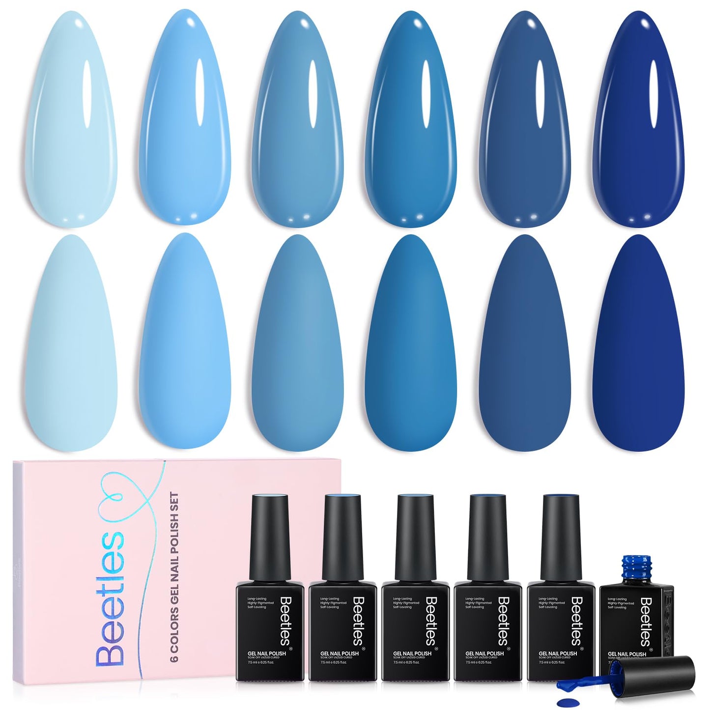 Beetles Blue Gel Polish Set – 6 Ocean-Blue Colors (7.5ml each) | UV/LED, Soak Off