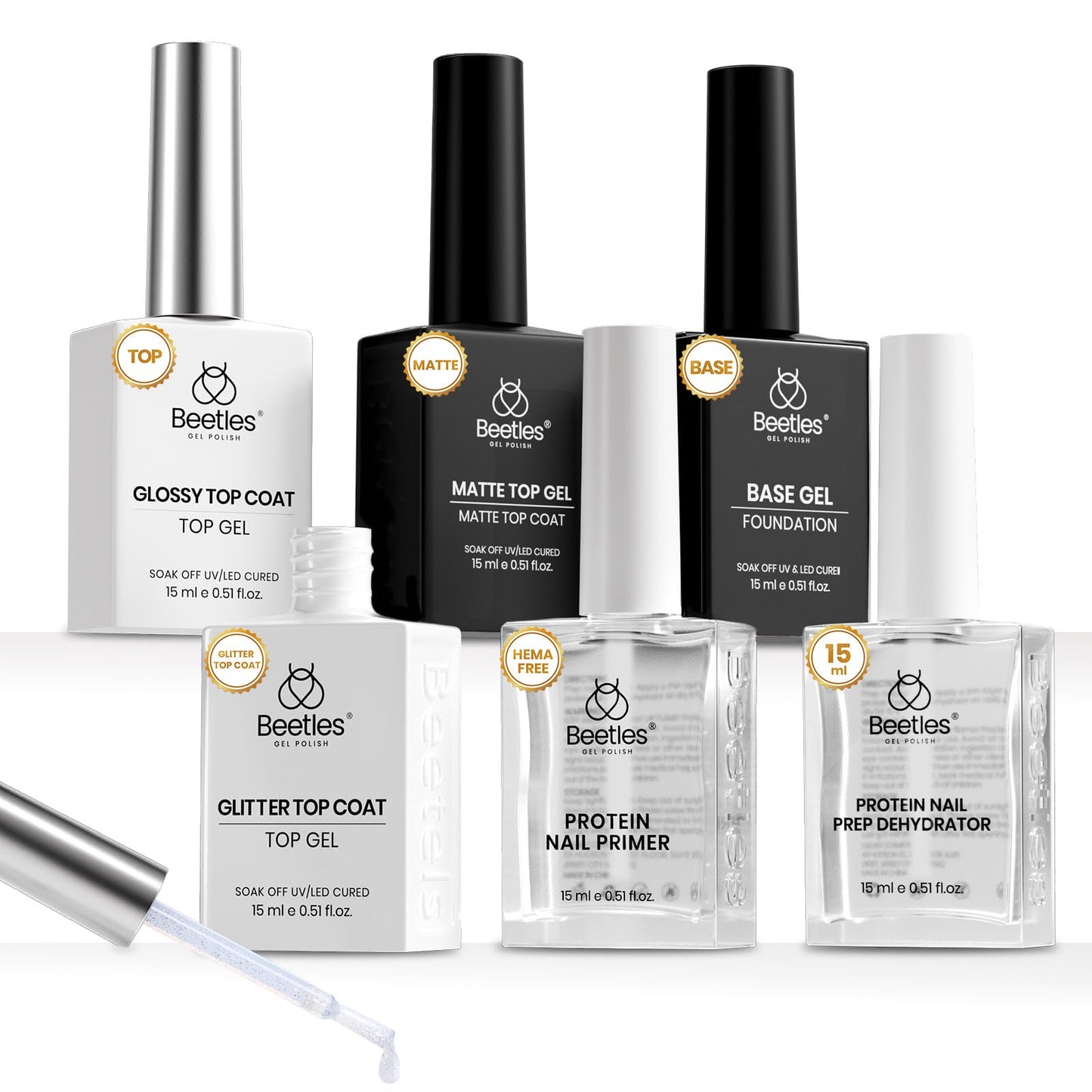 Beetles 6-Pcs 15ml Glossy & Matte Gel Top & Base Coat Set with Dehydrator, Keratin Primer, Acid-Free & HEMA-Free