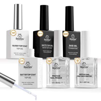 Beetles 6-Pcs 15ml Glossy & Matte Gel Top & Base Coat Set with Dehydrator, Keratin Primer, Acid-Free & HEMA-Free
