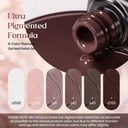 Beetles Brown Gel Polish Set – 6 Colors: Caramel Cappuccino, Coffee Brown, White, Neutral Pink, Nude – Soak Off UV/LED