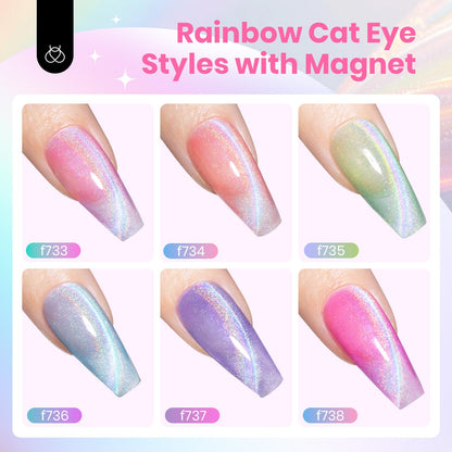 Beetles Cat Eye Gel Nail Polish Set – 6 Rainbow Colors with Magnetic Effect | Soak Off UV Gel