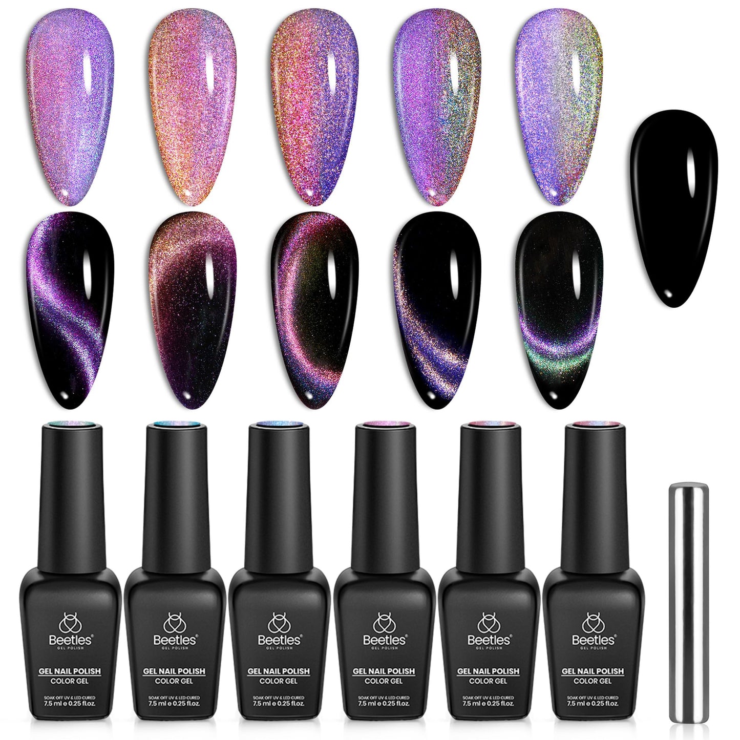 Beetles Cat Eye Gel Polish Set – 6 Colors with Magnet | Soak-Off UV Velvet Finish | Enchanted Spectrum Collection