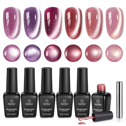 Beetles Cat Eye Gel Polish Nail Set – 6 Colors, Magnetic Cat Eye Kit, Rose Fall Collection
