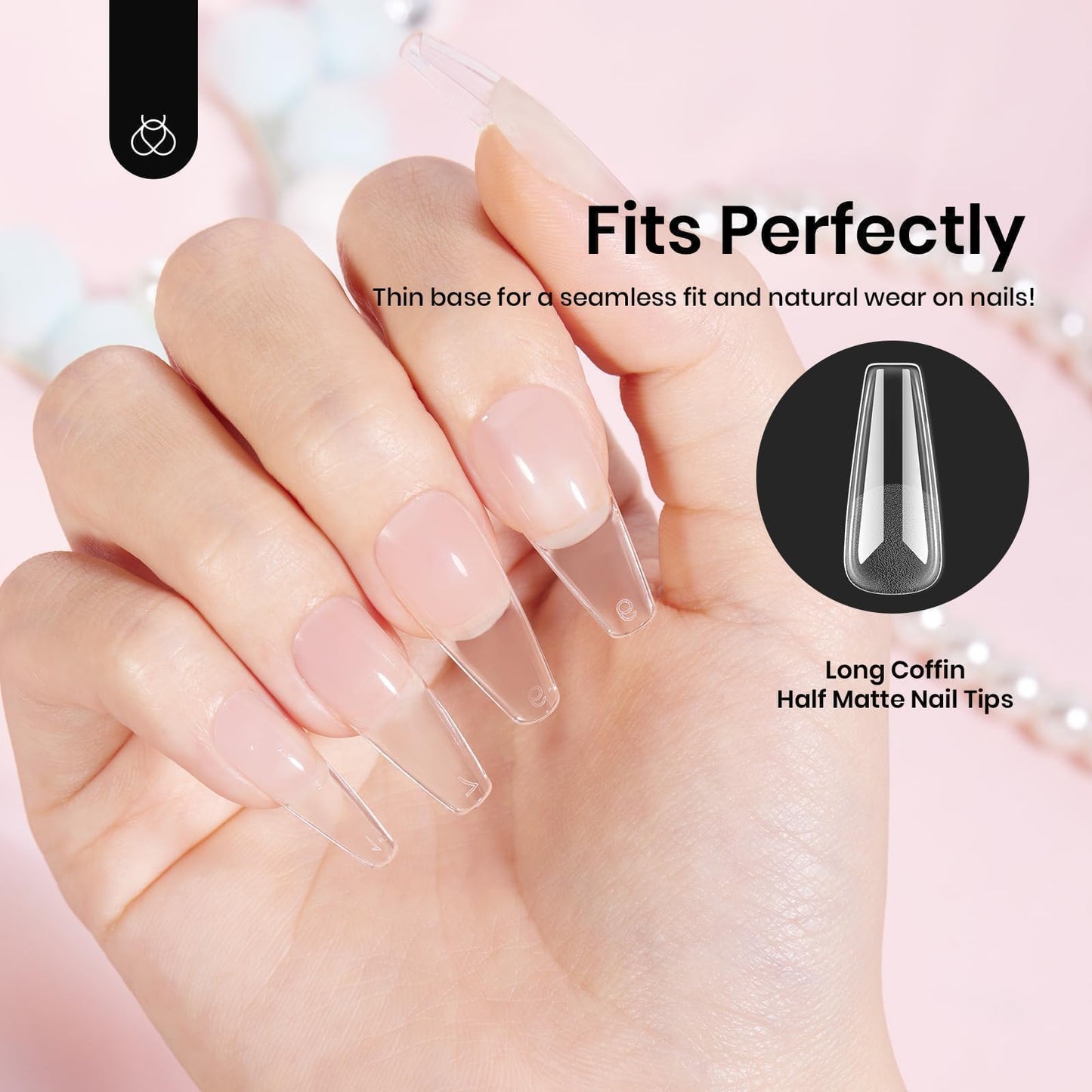 Beetles Coffin Long Gel Nail Tips – Pre-Etched Full Cover, 288 Pieces, 12 Sizes for Press-On Extensions