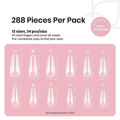 Beetles Coffin Long Gel Nail Tips – Pre-Etched Full Cover, 288 Pieces, 12 Sizes for Press-On Extensions