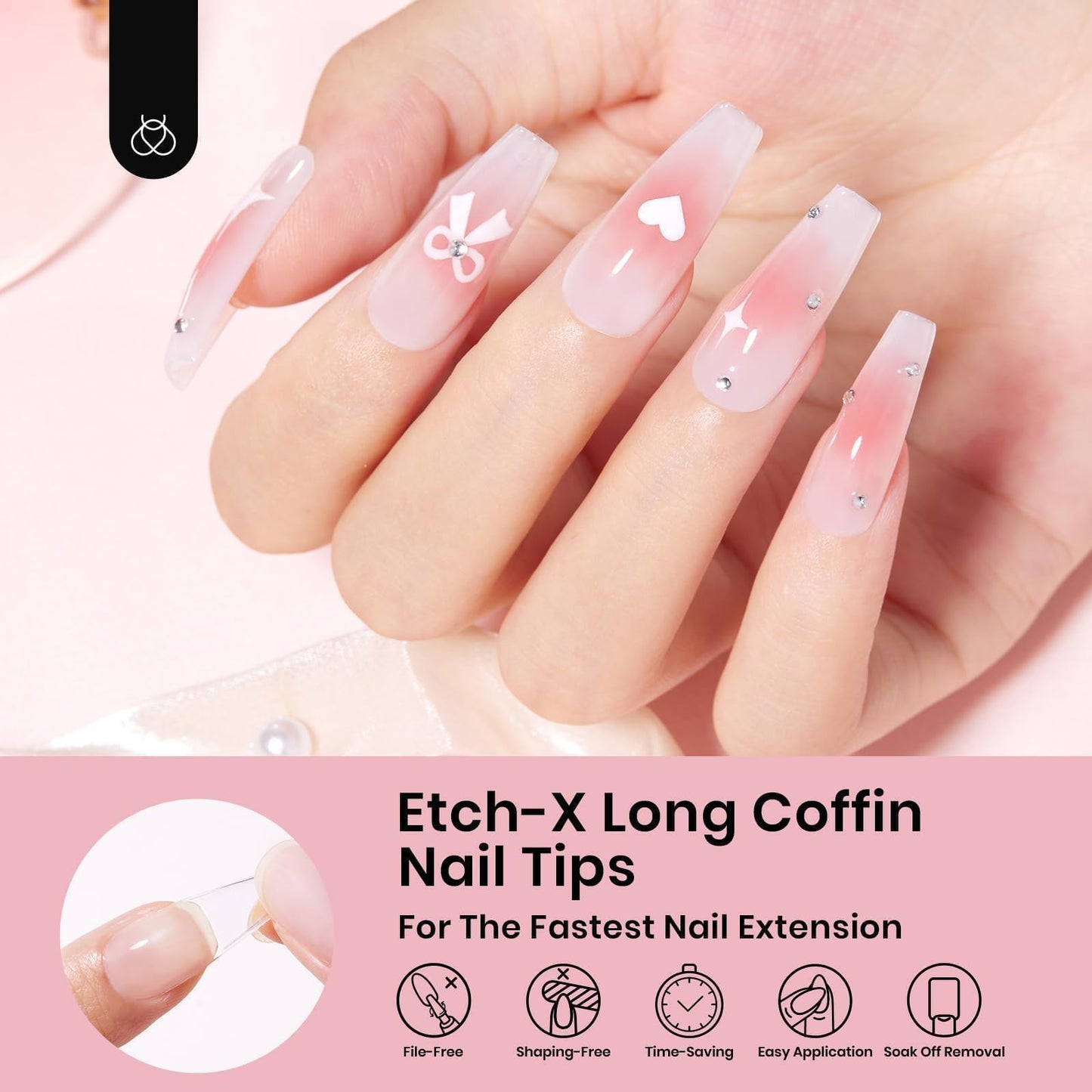 Beetles Coffin Long Gel Nail Tips – Pre-Etched Full Cover, 288 Pieces, 12 Sizes for Press-On Extensions