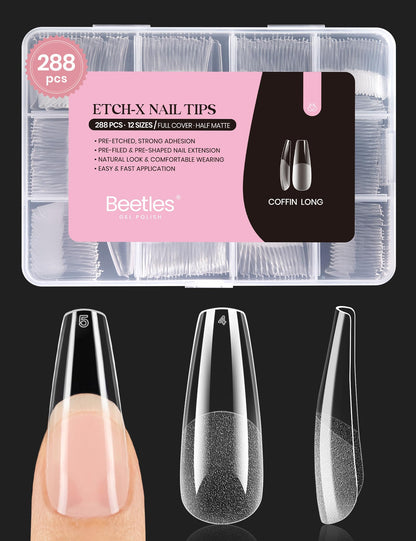 Beetles Coffin Long Gel Nail Tips – Pre-Etched Full Cover, 288 Pieces, 12 Sizes for Press-On Extensions