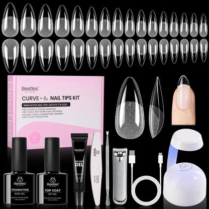 Beetles Gel Nail Kit Curve-EX Almond Tips — 320pcs, 16 Sizes, Glue Gel, Base & Top Coat, Mini Lamp