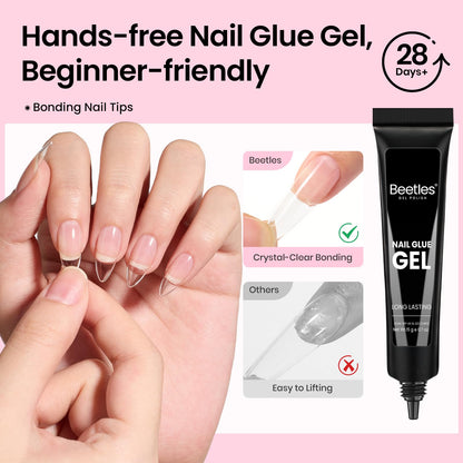 Beetles Gel Nail Kit Flat-X Almond Medium – 320 Tips, Glue Gel, Base & Top, Mini Lamp