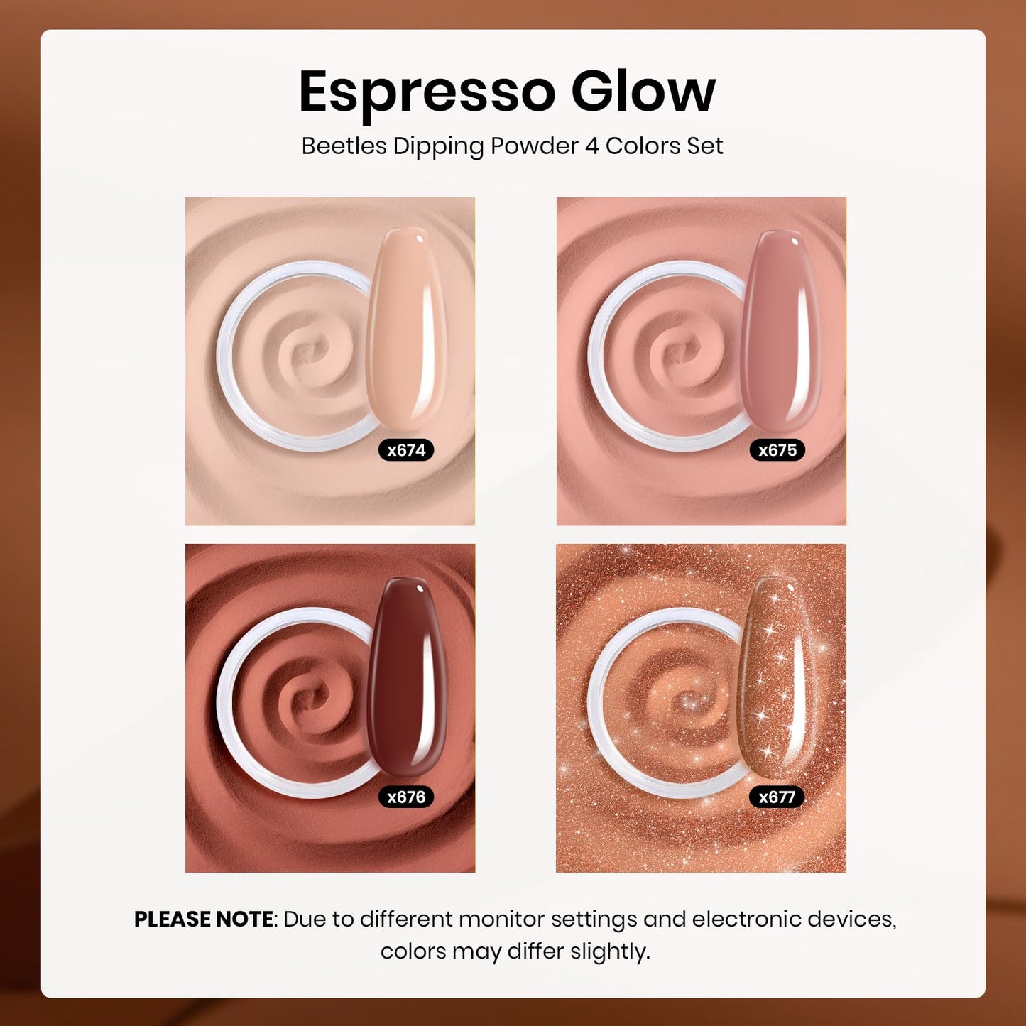 Beetles Dip Powder Nail Kit Starter Set – Espresso Glow Collection | Fall & Winter Brown Nude Glitter