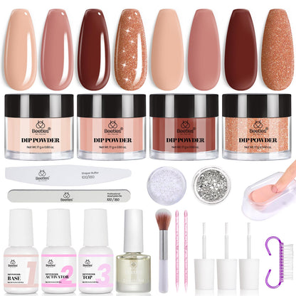 Beetles Dip Powder Nail Kit Starter Set – Espresso Glow Collection | Fall & Winter Brown Nude Glitter