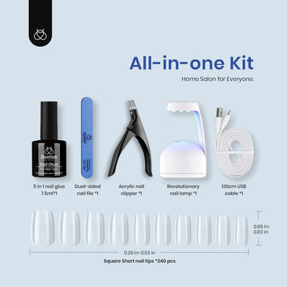 Beetles Gel Nail Kit Easy Extension Set – 240 Soft Short Square Tips, 5-in-1 Glue & LED Lamp