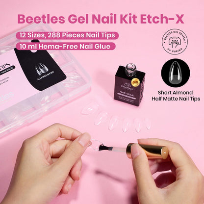Beetles Gel Nail Kit Etch-X Almond Short Tips — 288pcs, 12 Sizes, HEMA-Free Glue Gel (10ml)
