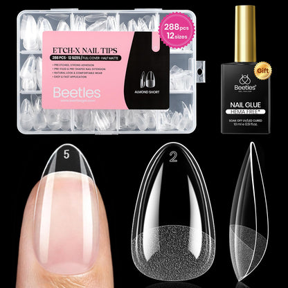 Beetles Gel Nail Kit Etch-X Almond Short Tips — 288pcs, 12 Sizes, HEMA-Free Glue Gel (10ml)