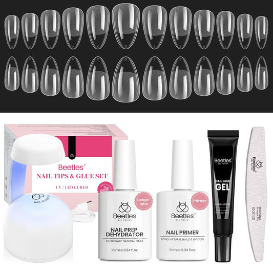 Beetles Etch-X Gel Nail Kit – Almond Short Tips, 576pcs, Dehydrator, Primer, Mini Lamp | Home DIY Extensions