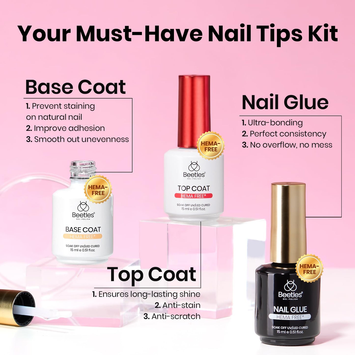 Beetles Gel Nail Kit Etch-X: 288 Tips (12 Sizes) + HEMA-Free Glue, Base & Top Coats