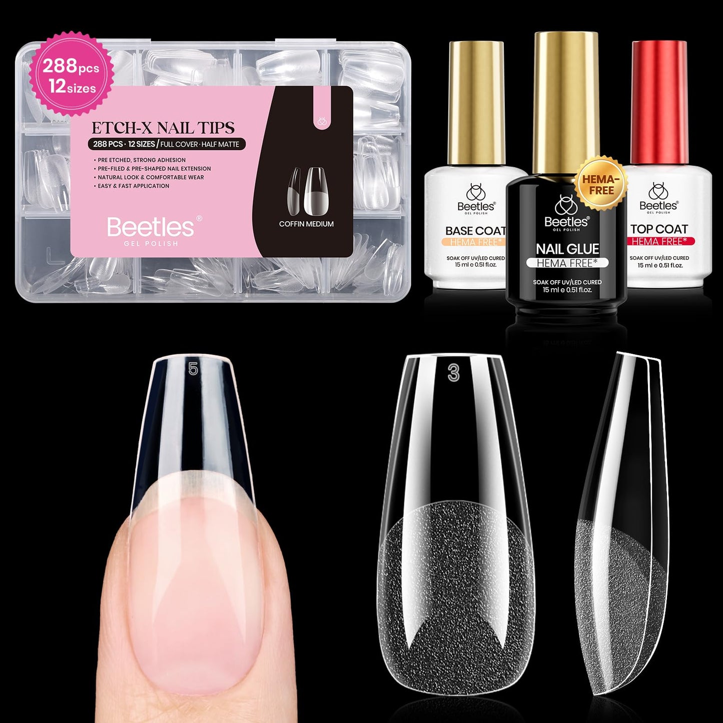 Beetles Gel Nail Kit Etch-X: 288 Tips (12 Sizes) + HEMA-Free Glue, Base & Top Coats