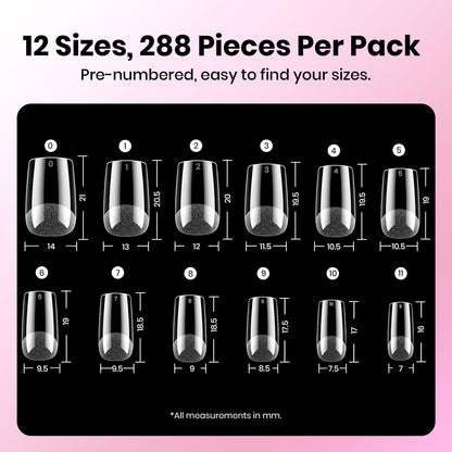 Beetles Etch-X Gel Nail Kit: 288pc Short Square Tips, 12 Sizes, HEMA-Free Base/Top Coat & Glue – DIY Nails at Home