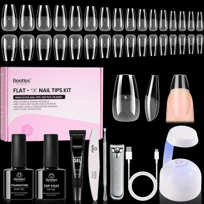Beetles Gel Nail Kit Flat-X Coffin Short 320pcs | DIY Nail Extensions with Glue Gel, Base & Top Coat, Mini Lamp