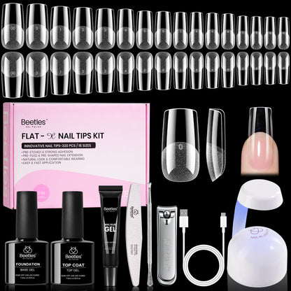 Beetles Gel Nail Kit Flat-X Square Medium – 320 Tips, Glue Gel, Base & Top Coats, Mini Lamp