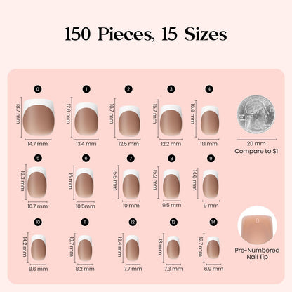 Beetles X Press Plus French Tip Nails - Caramel French, Short Square, 15 Sizes, 150 Pcs | Natural Salon Quality Nail Tips