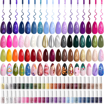Beetles Gel Liner Nail Art Set – 50 Color Gel Polish Kit with French Tip, Glitter, Swirl & Cat Eye