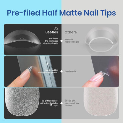 Beetles Gel Nail Kit – 504Pcs Half Matte Tips, 5‑in‑1 Glue Gel, UV/LED Lamp