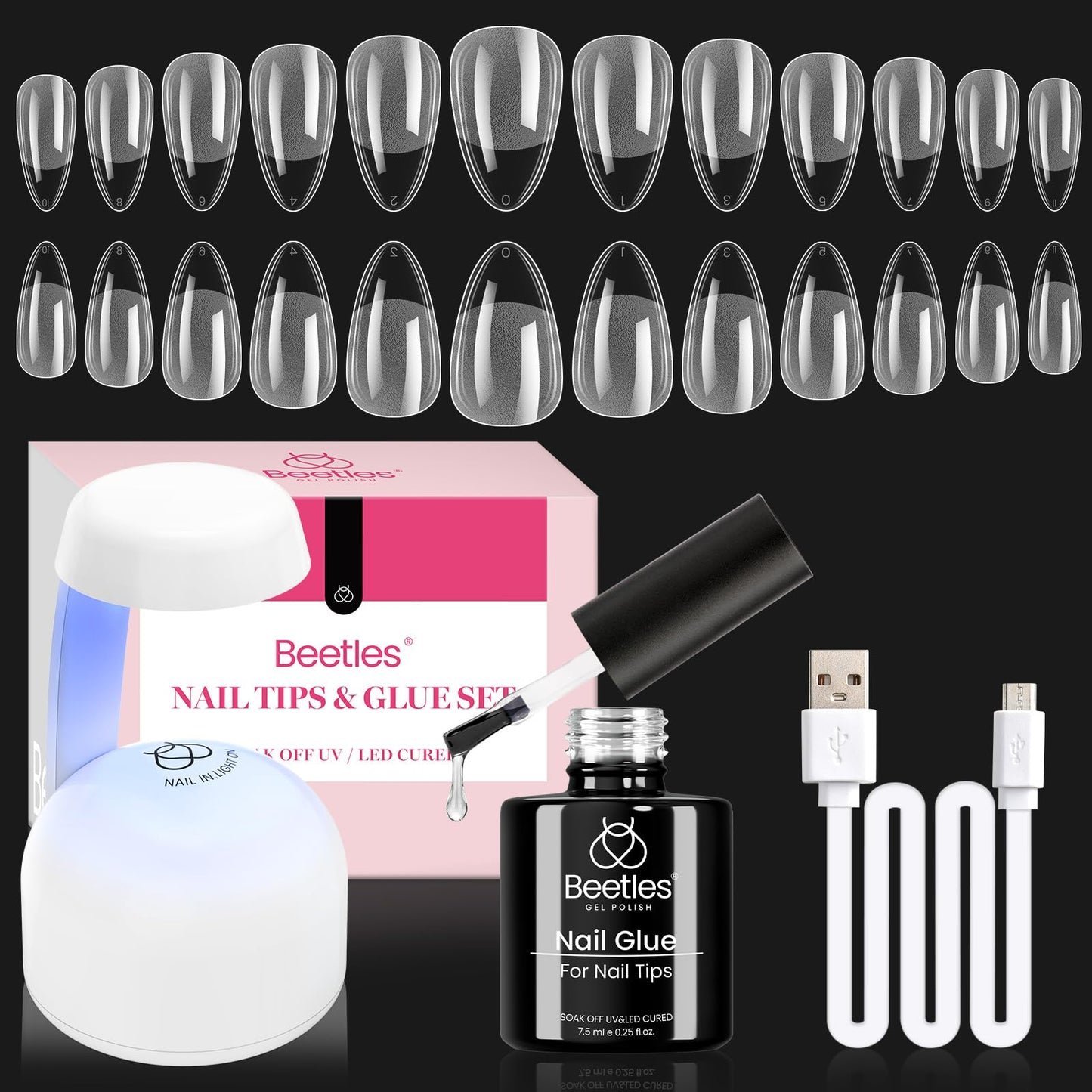 Beetles Gel Nail Kit Amond Shape – 504Pcs Tips, 9-in-1 Glue Gel, Mini UV/LED Lamp