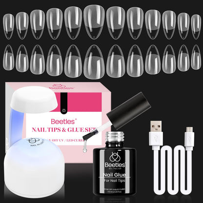 Beetles Gel Nail Kit Amond Shape – 504Pcs Tips, 9-in-1 Glue Gel, Mini UV/LED Lamp