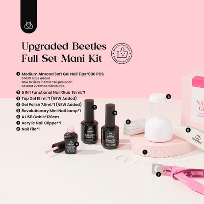 Beetles Gel Nail Kit Clear & Almond Medium – 600 Tips, Pink Top Coat, 9-in-1 Glue, Mini Lamp