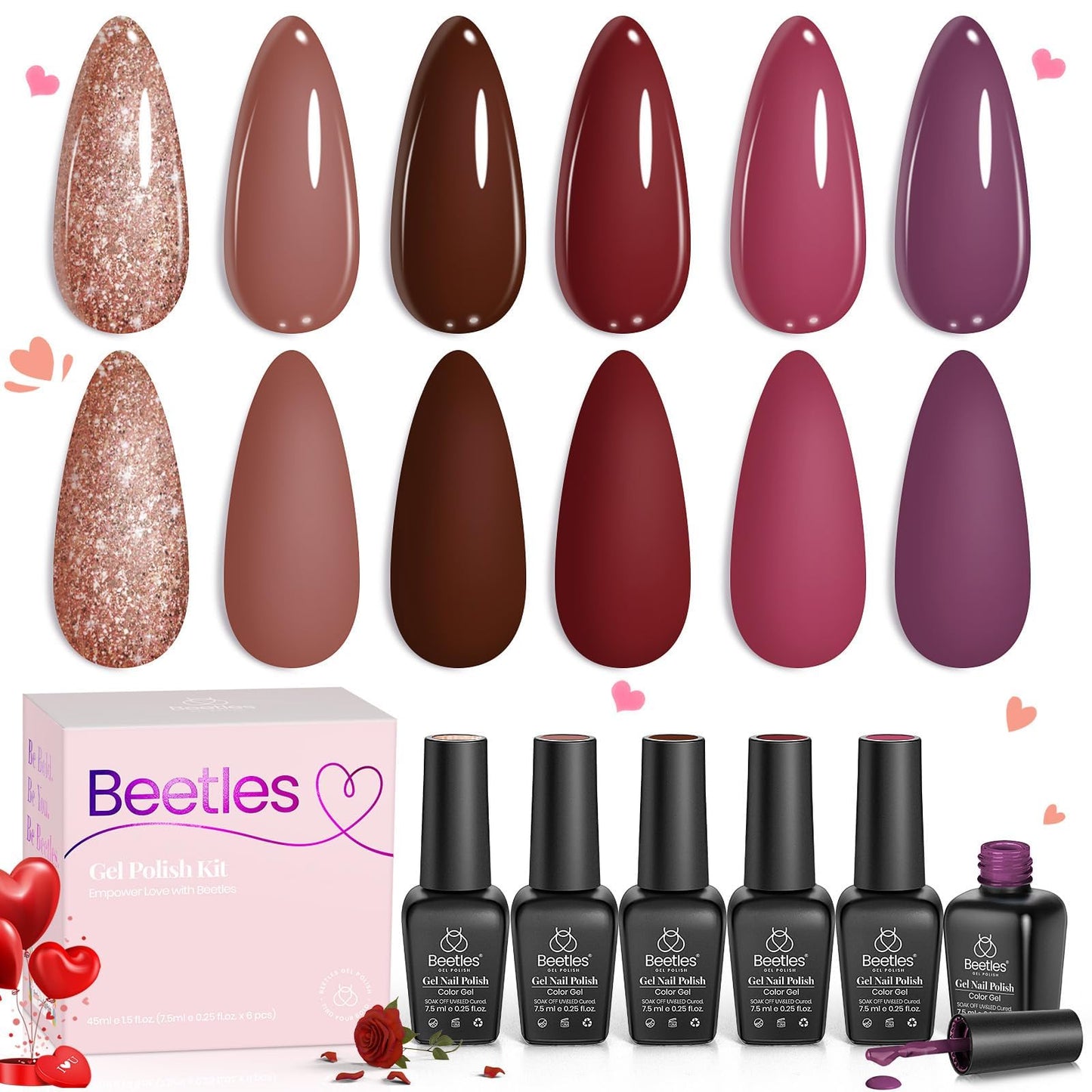 Beetles Gel Nail Polish Set Plum Burgundy & Glitter – 6-Piece Kit (Soak Off, UV/LED)