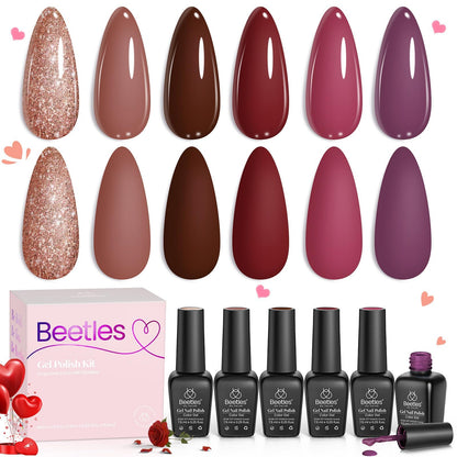 Beetles Gel Nail Polish Set Plum Burgundy & Glitter – 6-Piece Kit (Soak Off, UV/LED)