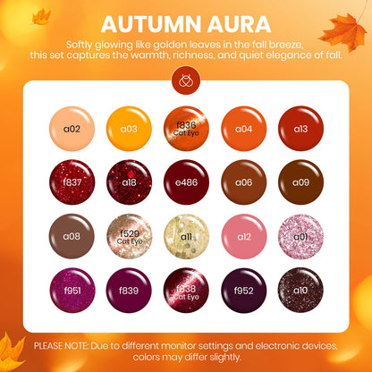 Beetles Gel Nail Polish Set – Autumn Aura, 20 Colors with Cat Eye & Glitter