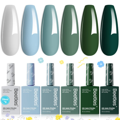 Beetles Gel Nail Polish Set – 6 Colors, 15ml Each, Misty Gray to Dark Green | Soak Off UV/LED Kit